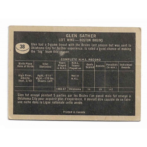 1967-68 Topps # 38 Glen Sather RC 1967-68 Topps # 38 Glen Sather RC
