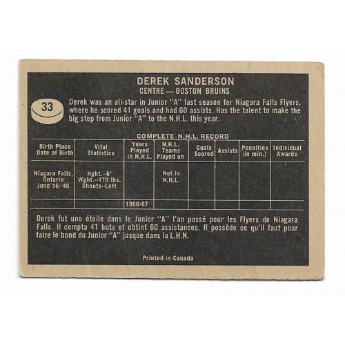 1967-68 Topps # 33 Derek Sanderson RC