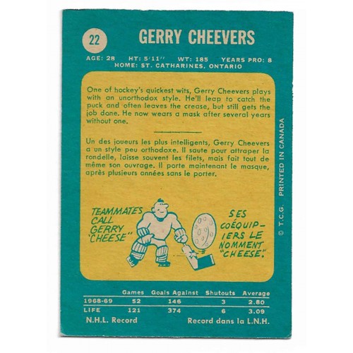 1969-70 O-Pee-Chee # 22 Gerry Cheevers