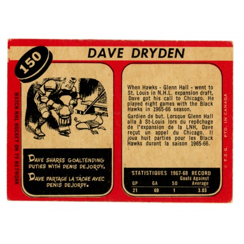 1968-69 O-Pee-Chee # 150 Dave Dryden