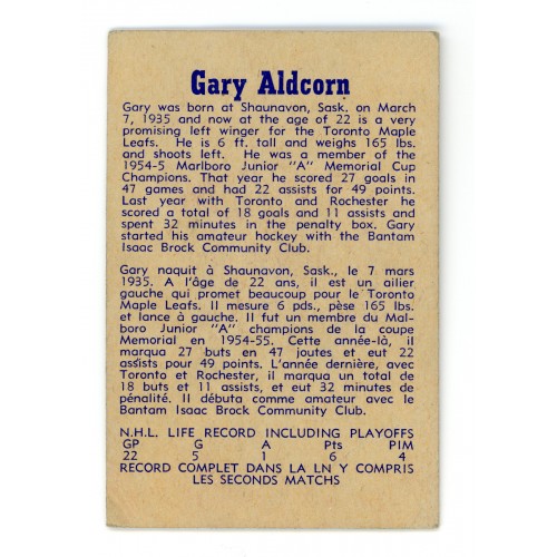 1957-58 Parkhurst Toronto Maple Leafs # 24 Gary Aldcorn RC 1957-58 Parkhurst Toronto Maple Leafs # 24 Gary Aldcorn RC