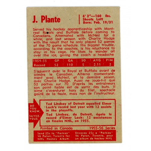 1955-56 Parkhurst # 50 Jacques Plante RC 1955-56 Parkhurst # 50 Jacques Plante RC